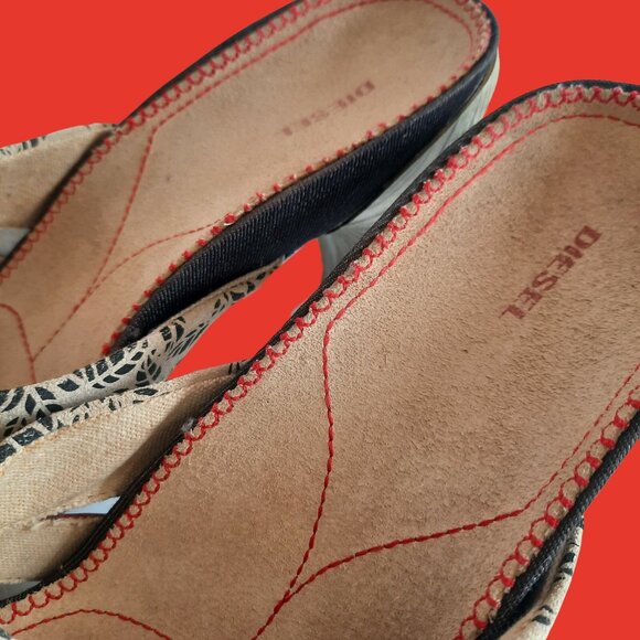 Y2K Diesel Suede Leather Mules Sandals Slip On Heels US Size 7 Beige Black - Picture 4 of 8